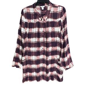 Garnet Hill Tunic Top Women 6 Purple Plaid Crepe Popover Shirt Casual Cottage